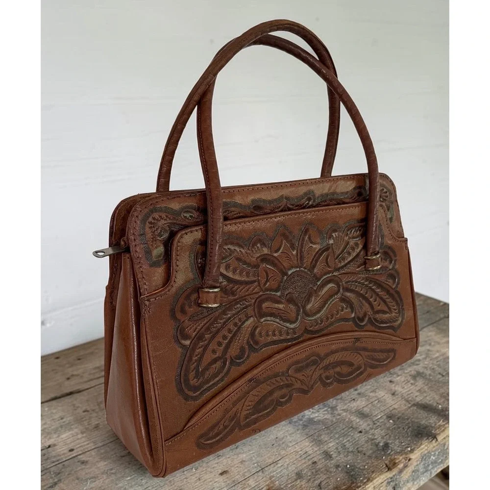 Vtg Mikes MGE Hand Tooled Floral Leather Satchel Bag Brown Western Boho Mexico